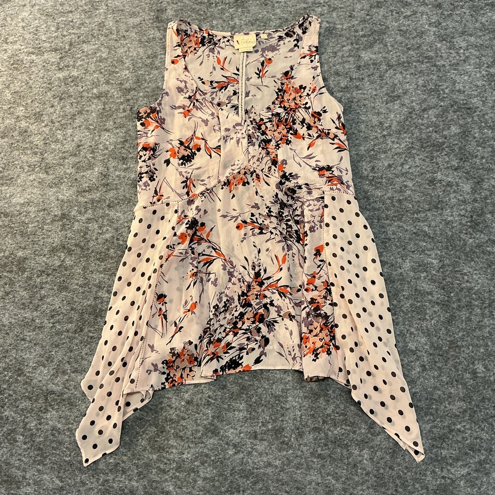 Vanessa Virginia Sheer Handkerchief Tank Top Blouse Pink Floral Polka Dot WWW